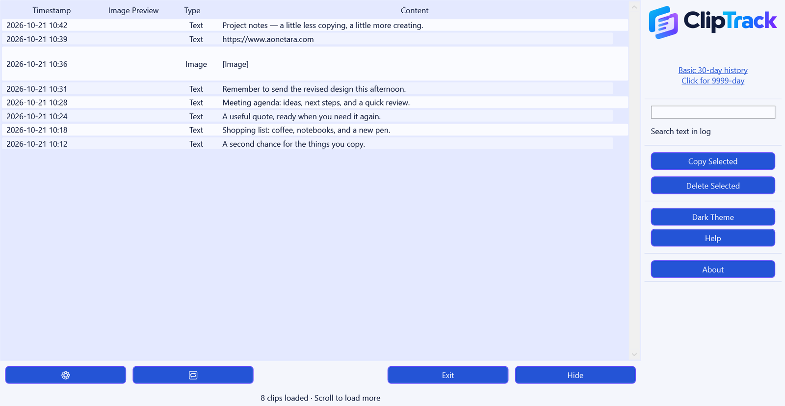 ClipTrack in light mode, showing text and image history, search, and copy controls with example entries